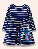 Floral Cat Appliqué Striped Dress