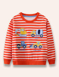 Engineering Vehicle Appliqué Striped Sweatshirt