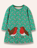 Floral Cartoon Birdy Appliqué Dress