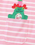 Cartoon Frog Appliqué Striped Dress