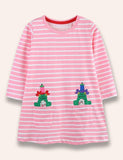 Cartoon Frog Appliqué Striped Dress