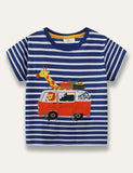 Cartoon Animal Bus Appliqué Stripe T-Shirt - Bebehanna