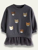 Mesh Skirt Bear Appliqué Sweatshirt - Bebehanna