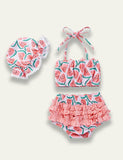 Pink Watermelon Bow Neck Tie Up Swimsuit - Bebehanna