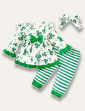 St.Patrick's Day Clover Long Sleeve Dress+Stripe Pants