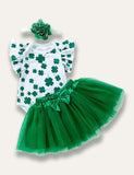 St. Patrick's Day Clover Printed Sleeveless Pleated Romper+Tulle Skirt