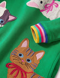 Appliqué Sweatshirt Dress Highland Green Cats - Bebehanna