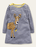 Cartoon Animal Appliqué Striped Long Sleeve Dress - Bebehanna