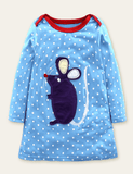 Cartoon Animal Appliqué Striped Long Sleeve Dress - Bebehanna