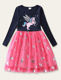 Cartoon Unicorn Printed Mesh Long Sleeve Dress