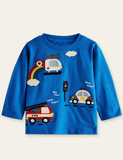 Cartoon Vehicle Appliqué Long Sleeve T-shirt - Bebehanna