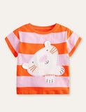 Cat Appliqué Embroidered Striped T-shirt