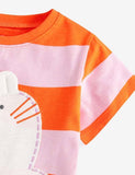 Cat Appliqué Embroidered Striped T-shirt - Bebehanna