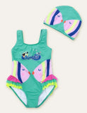 Fish Cute Printed Swimsuit + Swimming Cap - Bebehanna