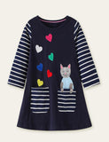 Kitten Appliqué Love Embroidered Long Sleeve Dress