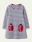 Ladybug Appliqué Striped Long-Sleeved Dress - Bebehanna