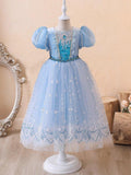 Light up blue Puff Sleeve Pearl party elsa dress for girls - Uporpor - Bebehanna