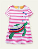 Turtle Appliqué Short-Sleeved Striped Dress