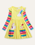 Unicorn Flowers Appliqué Rainbow Long Sleeve Dress