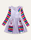 Unicorn Flowers Appliqué Rainbow Long Sleeve Dress - Bebehanna