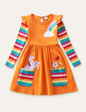 Unicorn Flowers Appliqué Rainbow Long Sleeve Dress - Bebehanna