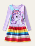 Unicorn Printed Rainbow Striped Dress - Bebehanna